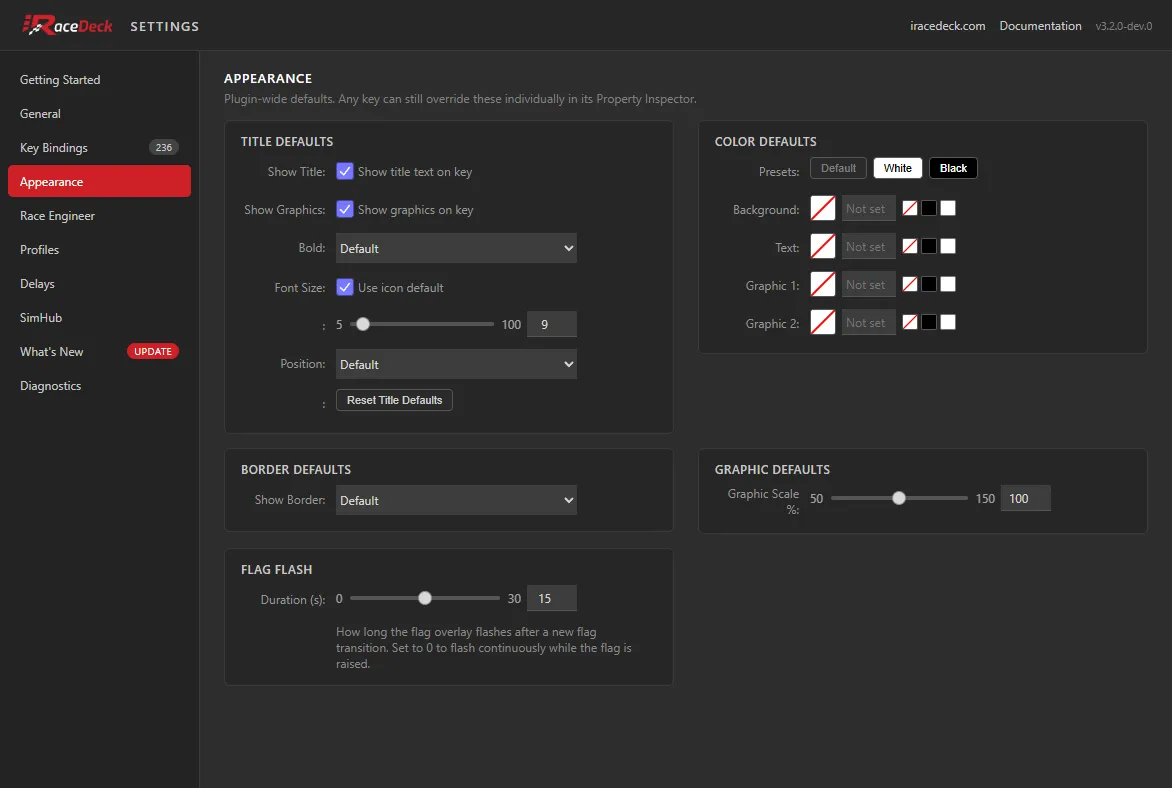 The Appearance tab, showing title, colour, border, graphic and flag-flash defaults