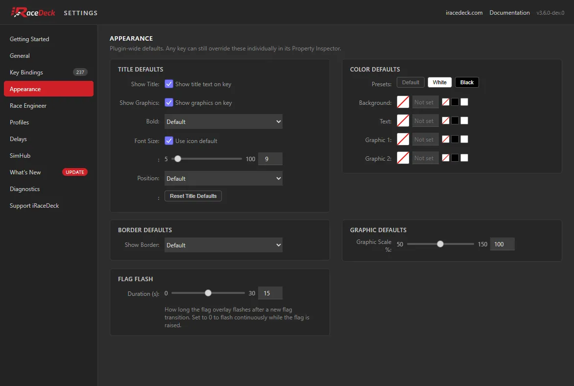 The Appearance tab, showing title, colour, border, graphic and flag-flash defaults