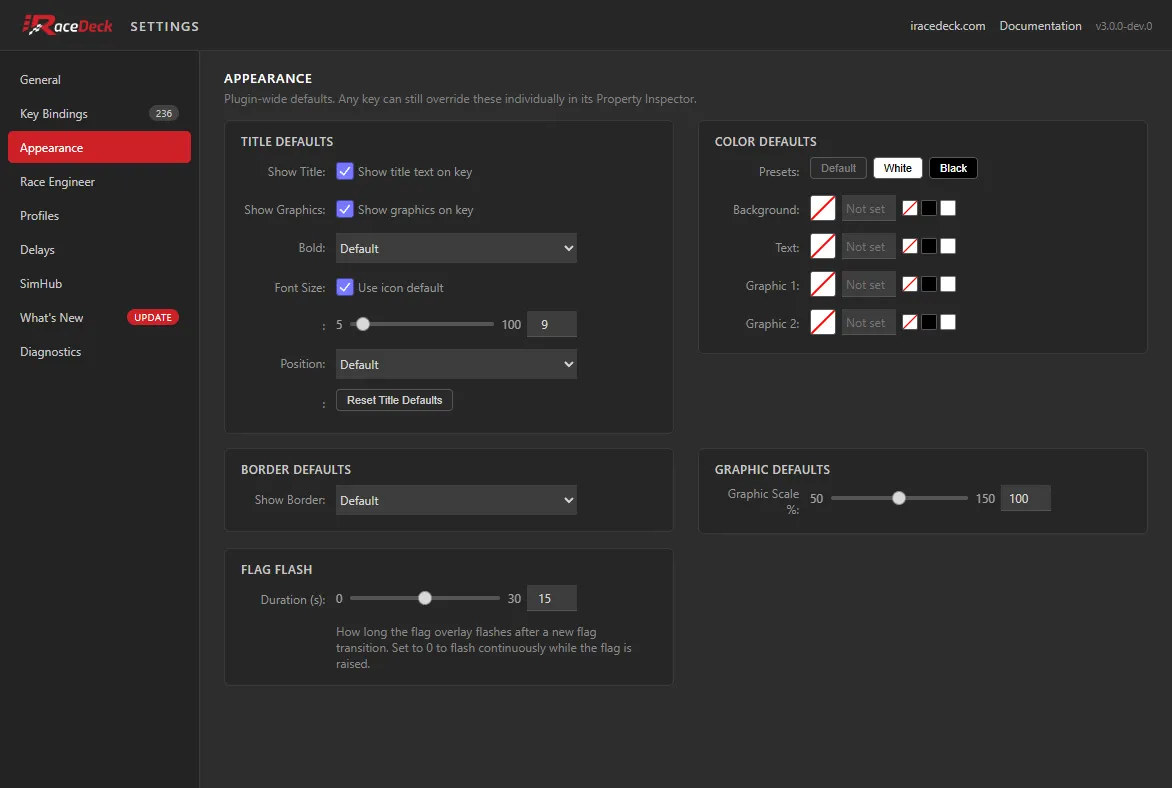 The Appearance tab, showing title, colour, border, graphic and flag-flash defaults