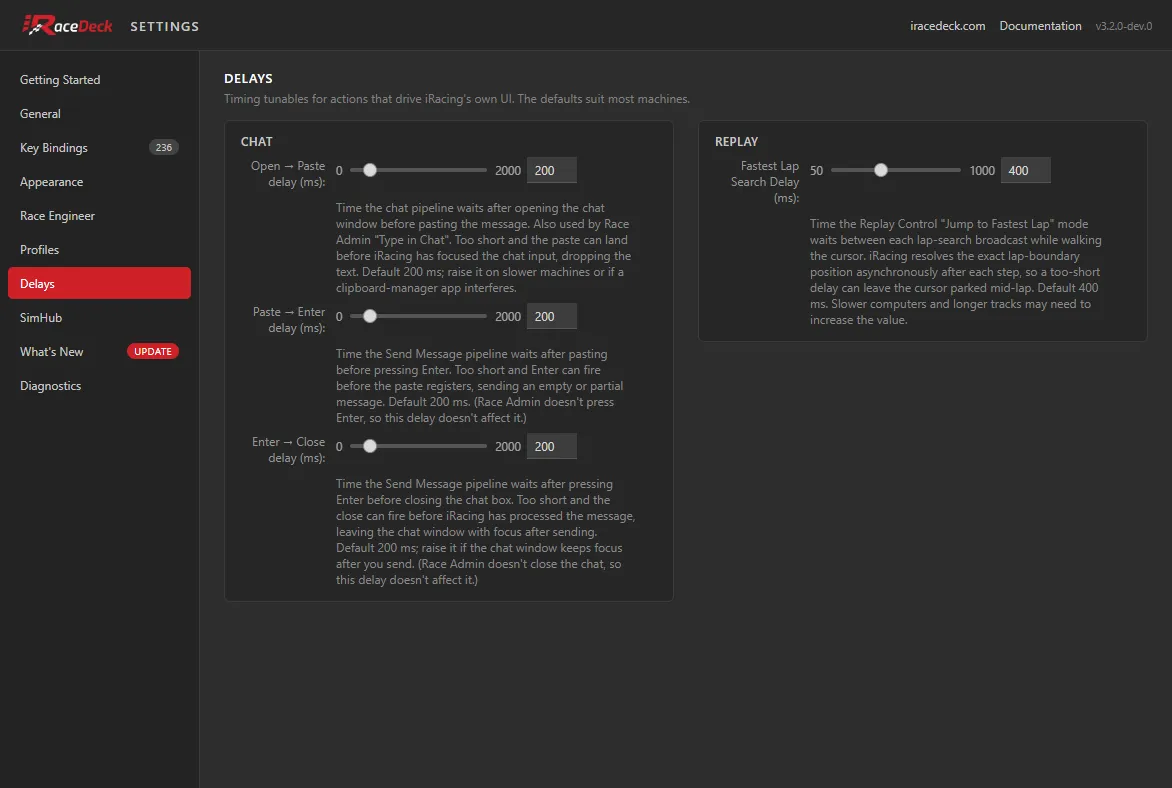 The Delays tab, showing the chat and replay timing tunables