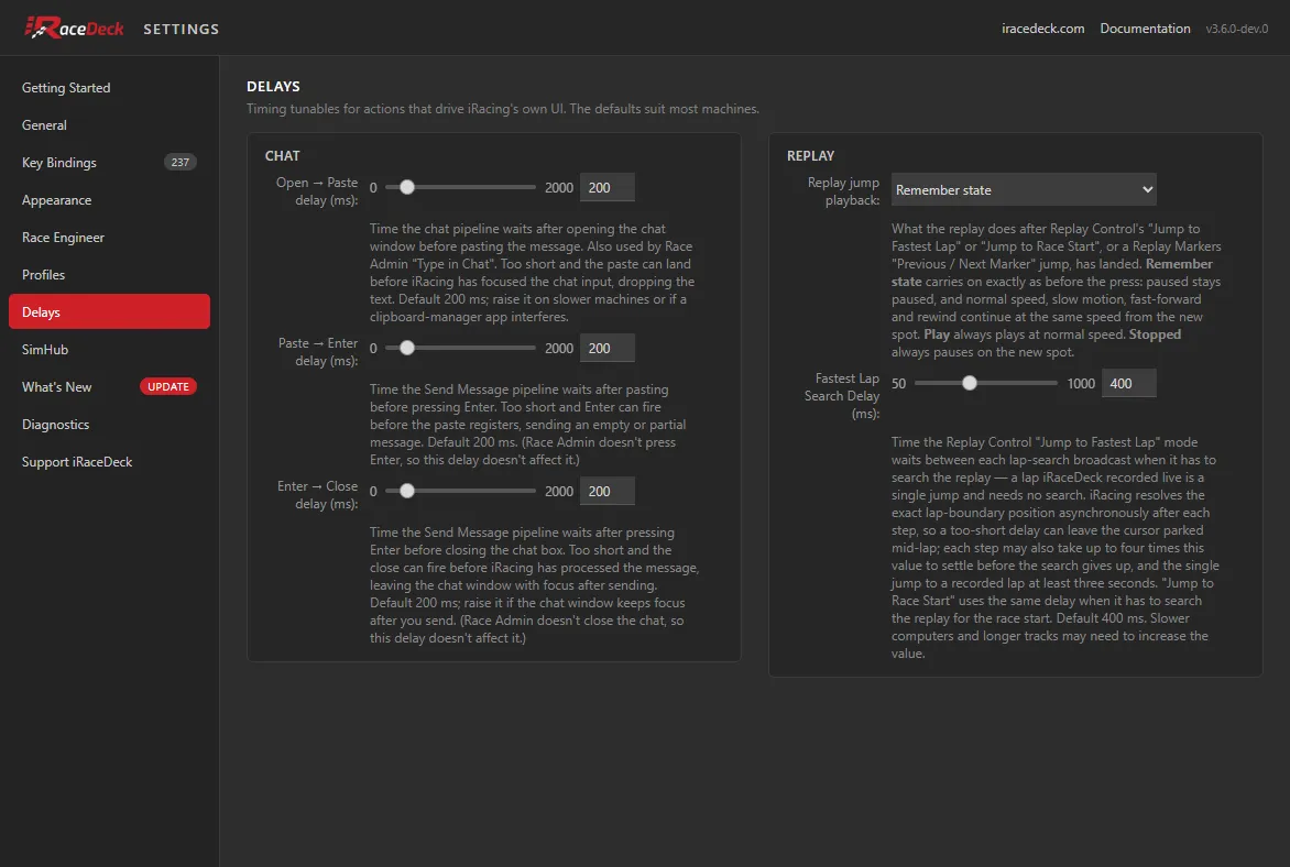 The Delays tab, showing the chat and replay timing tunables