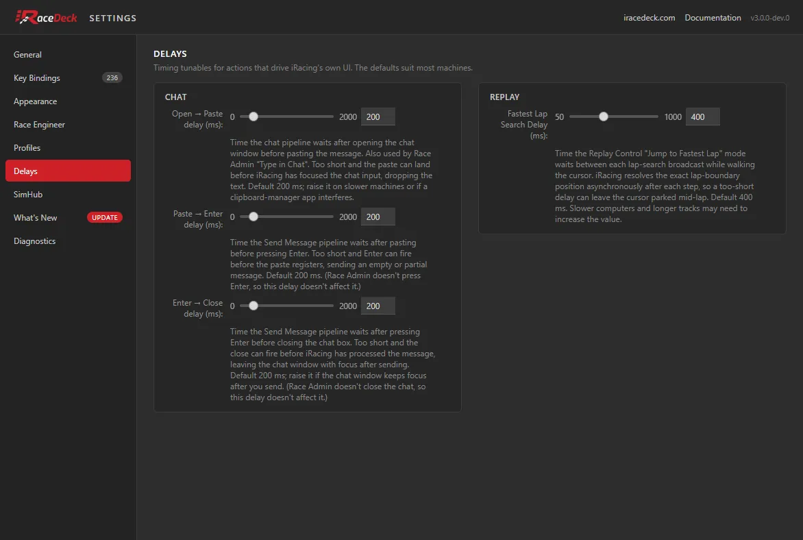 The Delays tab, showing the chat and replay timing tunables