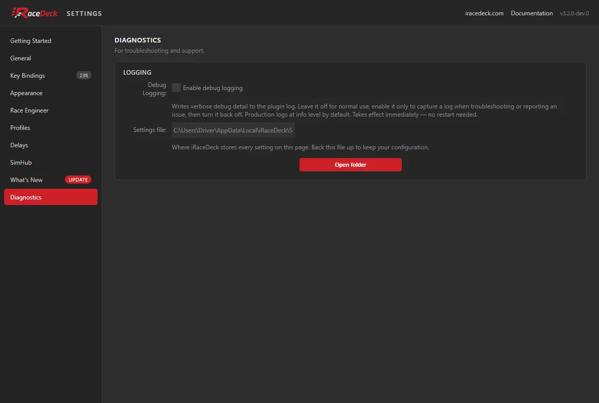 The Diagnostics tab, showing the debug logging toggle and the settings file path