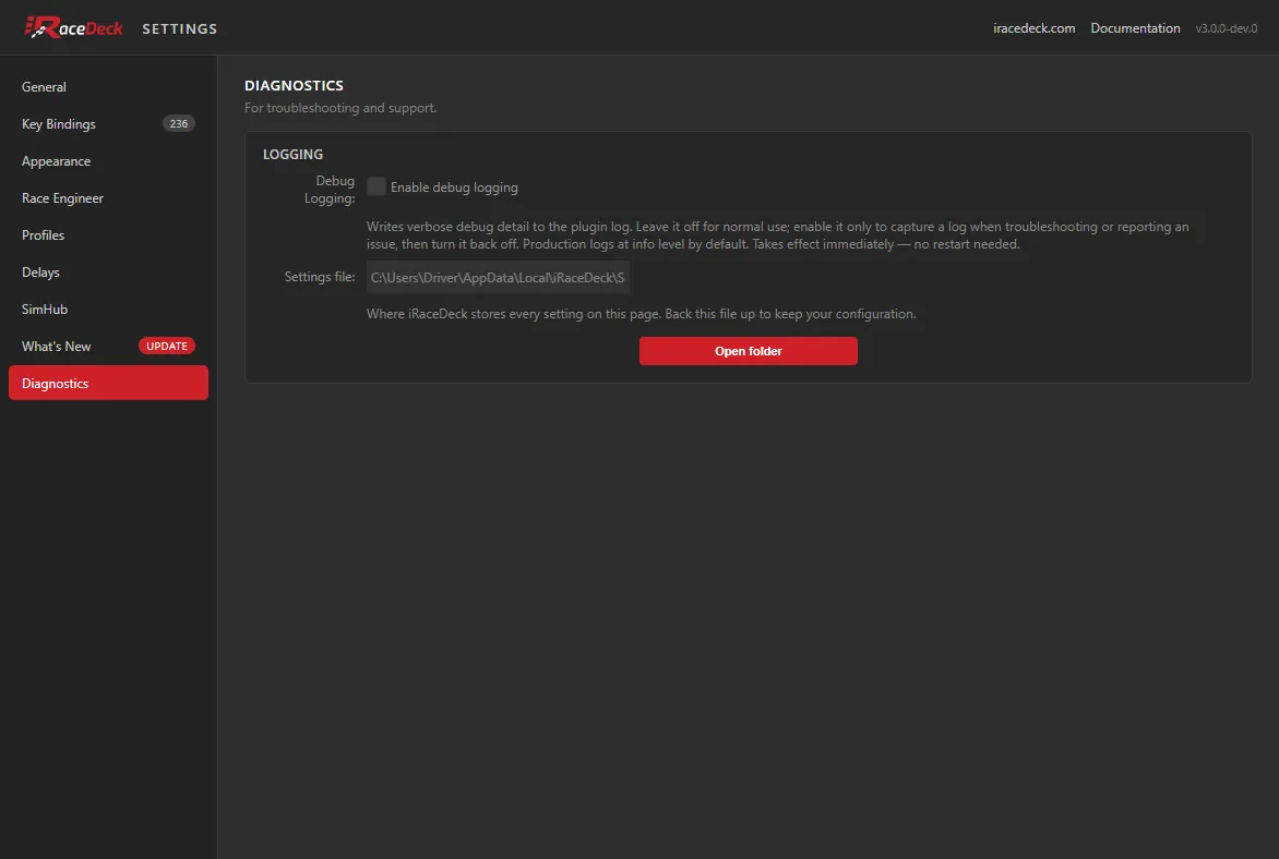The Diagnostics tab, showing the debug logging toggle and the settings file path