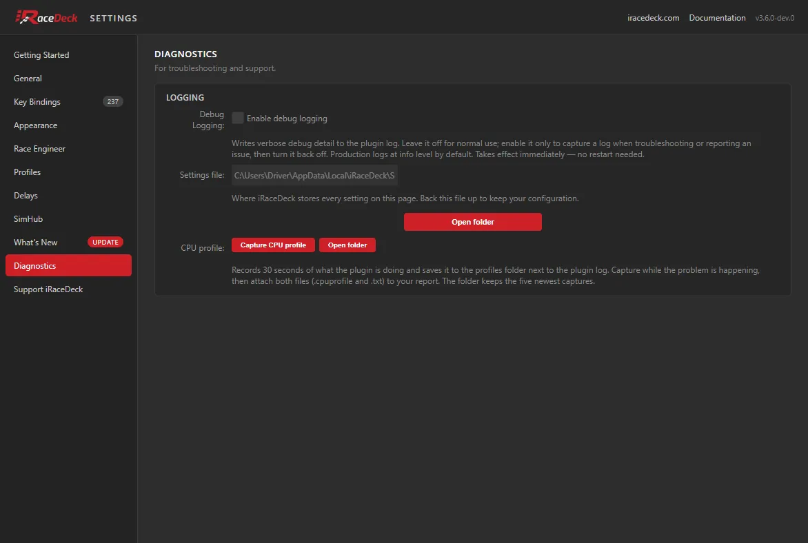 The Diagnostics tab, showing the debug logging toggle and the settings file path