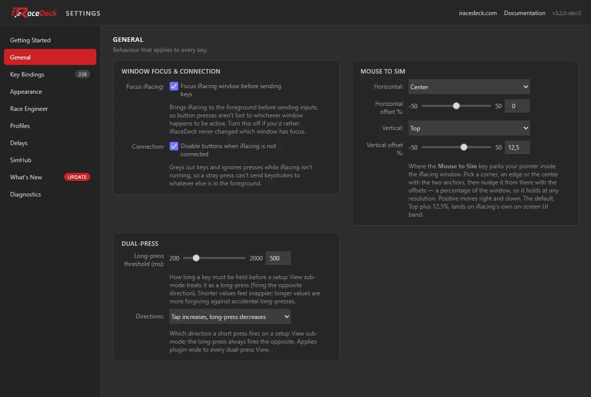 The General tab of the iRaceDeck Settings window