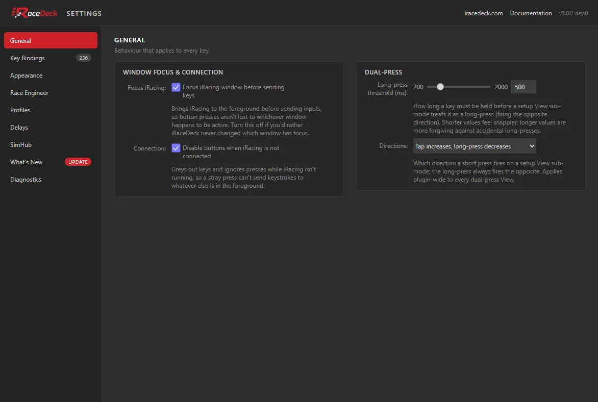 The General tab of the iRaceDeck Settings window