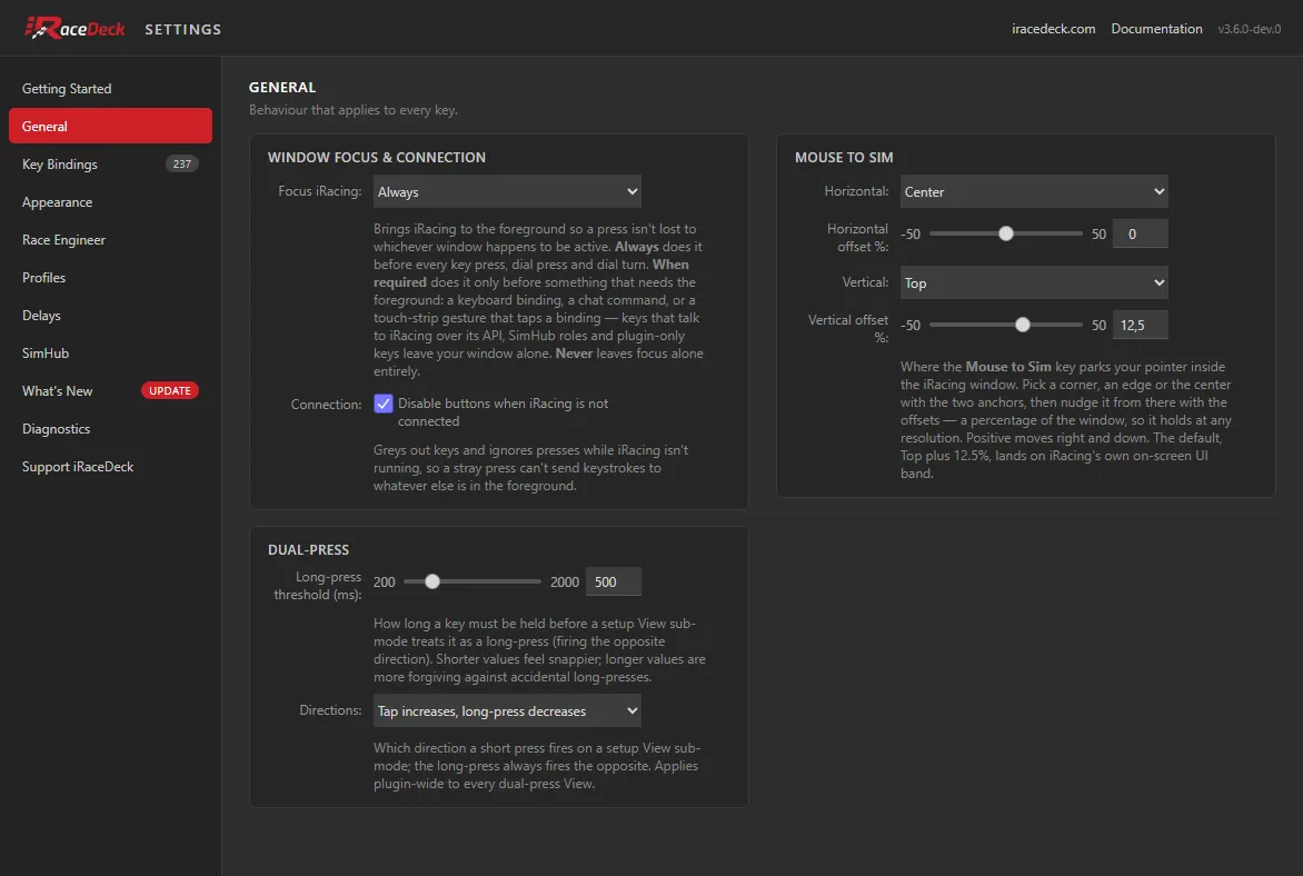 The General tab of the iRaceDeck Settings window