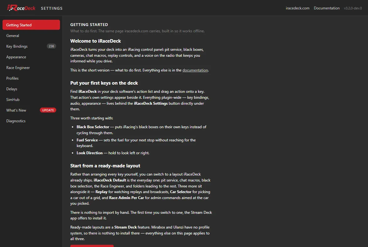 The Getting Started tab of the iRaceDeck Settings window