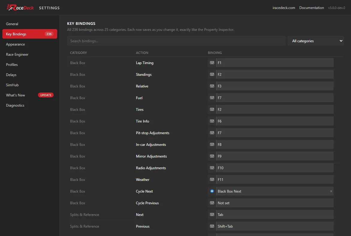 The Key Bindings tab, showing the searchable table of every binding