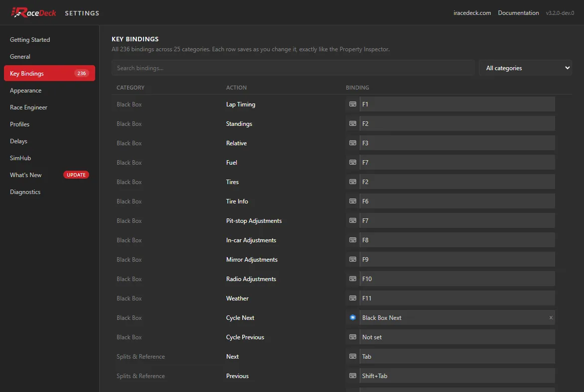 The Key Bindings tab, showing the searchable table of every binding