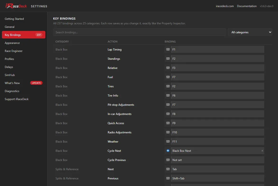 The Key Bindings tab, showing the searchable table of every binding
