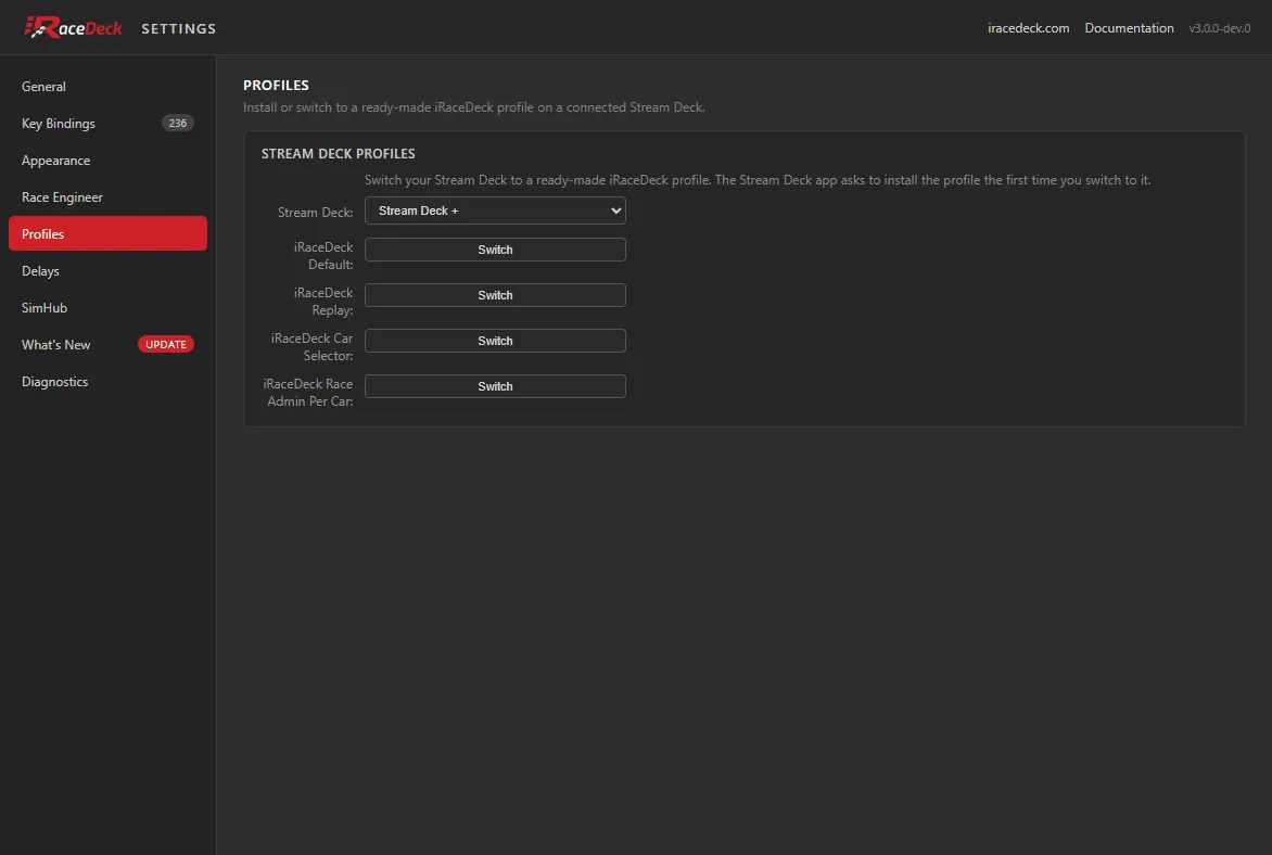 The Profiles tab, showing the deck picker and the bundled profiles