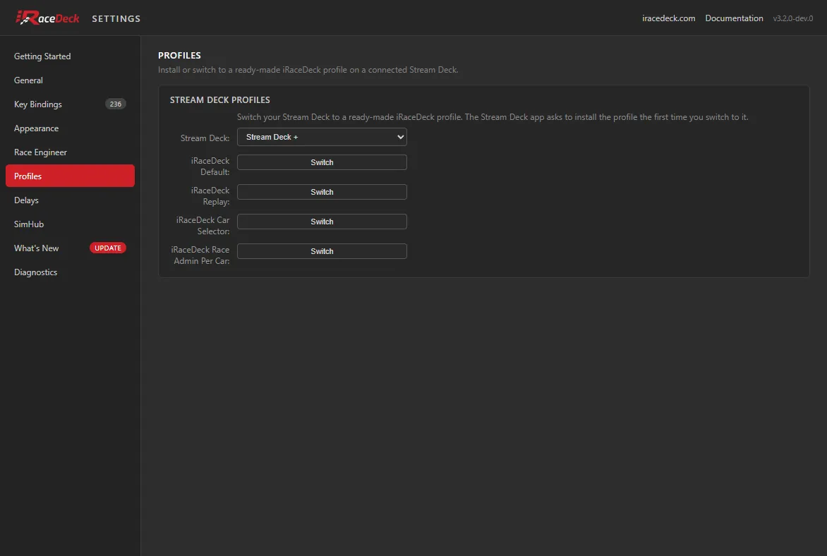 The Profiles tab, showing the deck picker and the bundled profiles