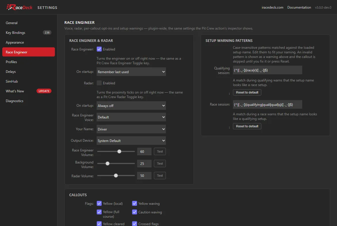 The Race Engineer tab, showing the live toggles, startup policies, voice and callout opt-ins