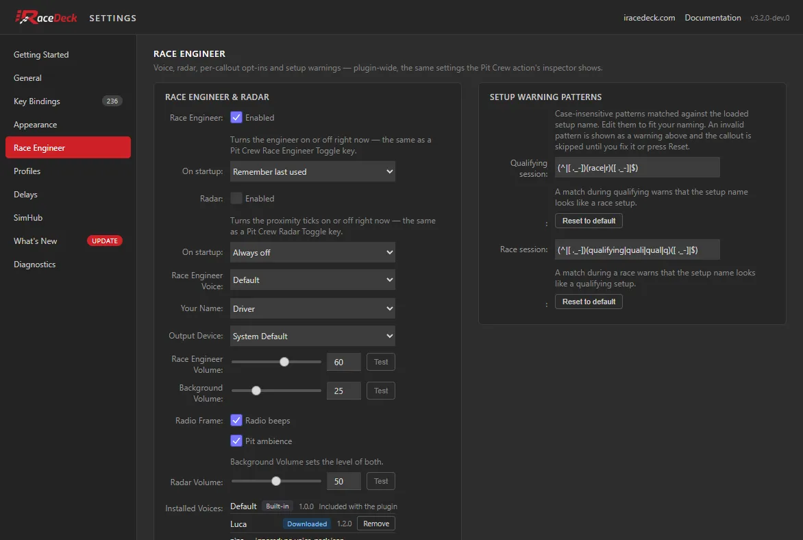 The Race Engineer tab, showing the live toggles, startup policies, voice, the Radio Frame beeps and ambience switches, and callout opt-ins