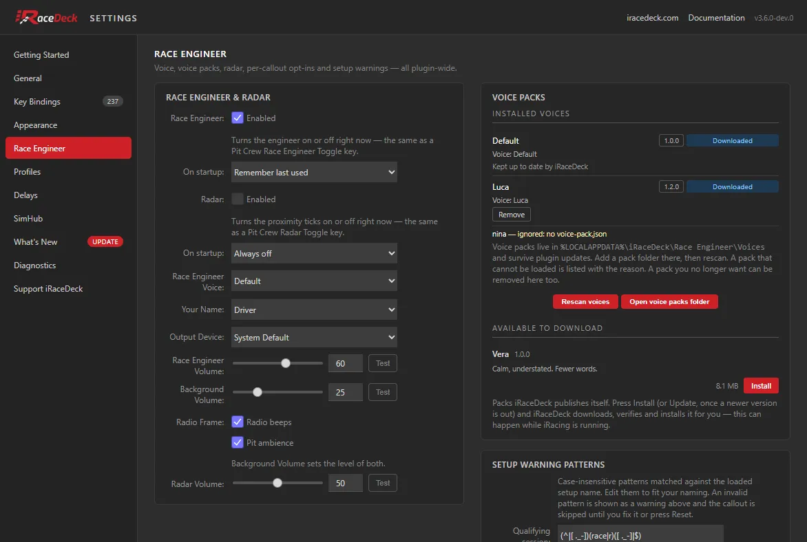 The Race Engineer tab, showing the live toggles, startup policies, voice, the Radio Frame beeps and ambience switches, the voice packs you have installed and the ones available to download, and callout opt-ins