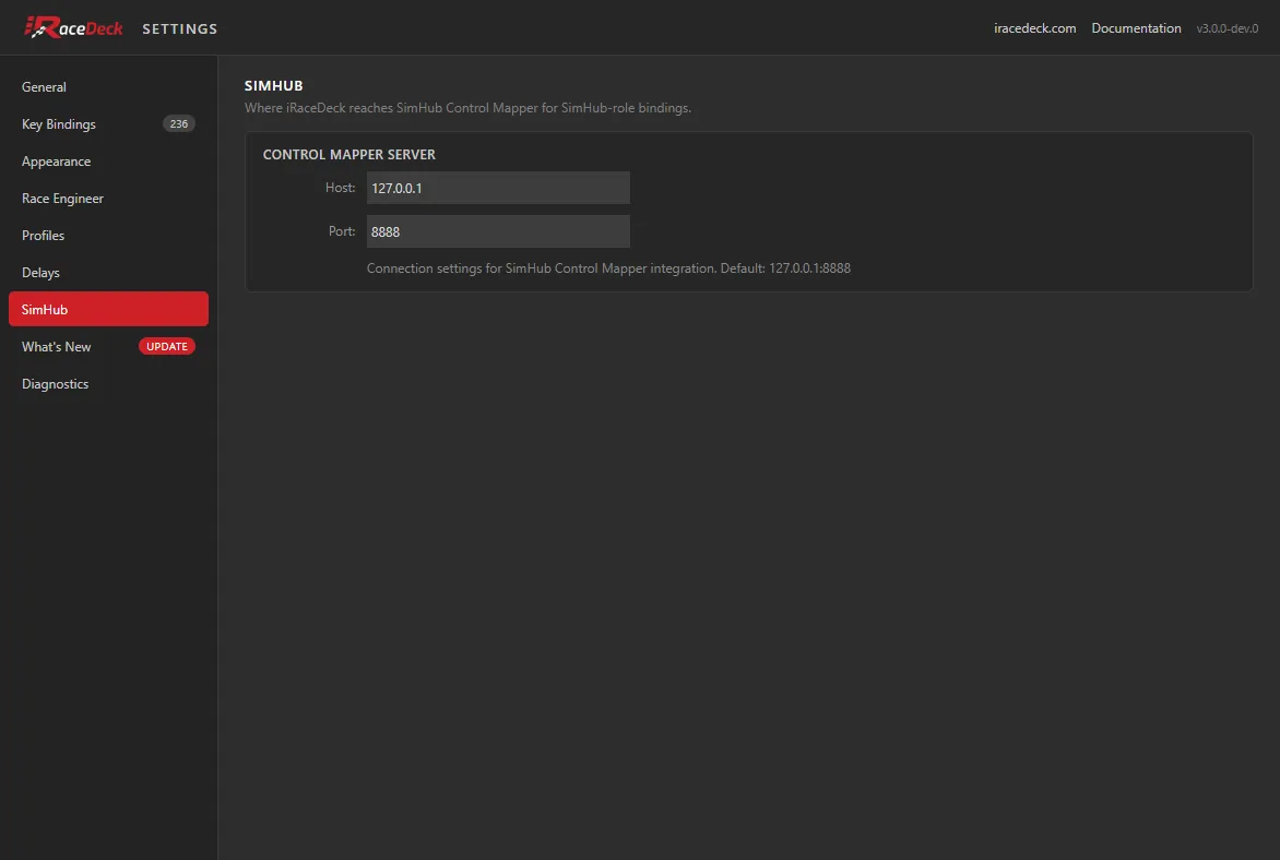 The SimHub tab, showing the Control Mapper host and port