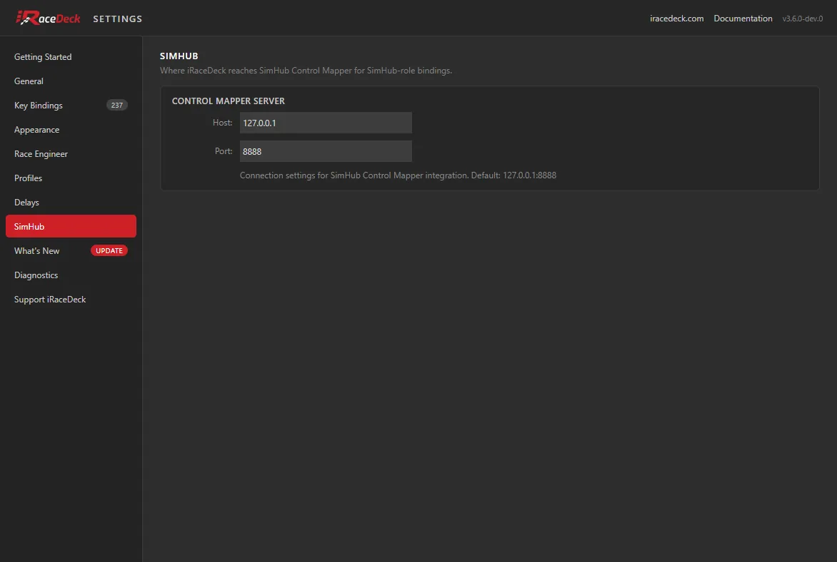 The SimHub tab, showing the Control Mapper host and port