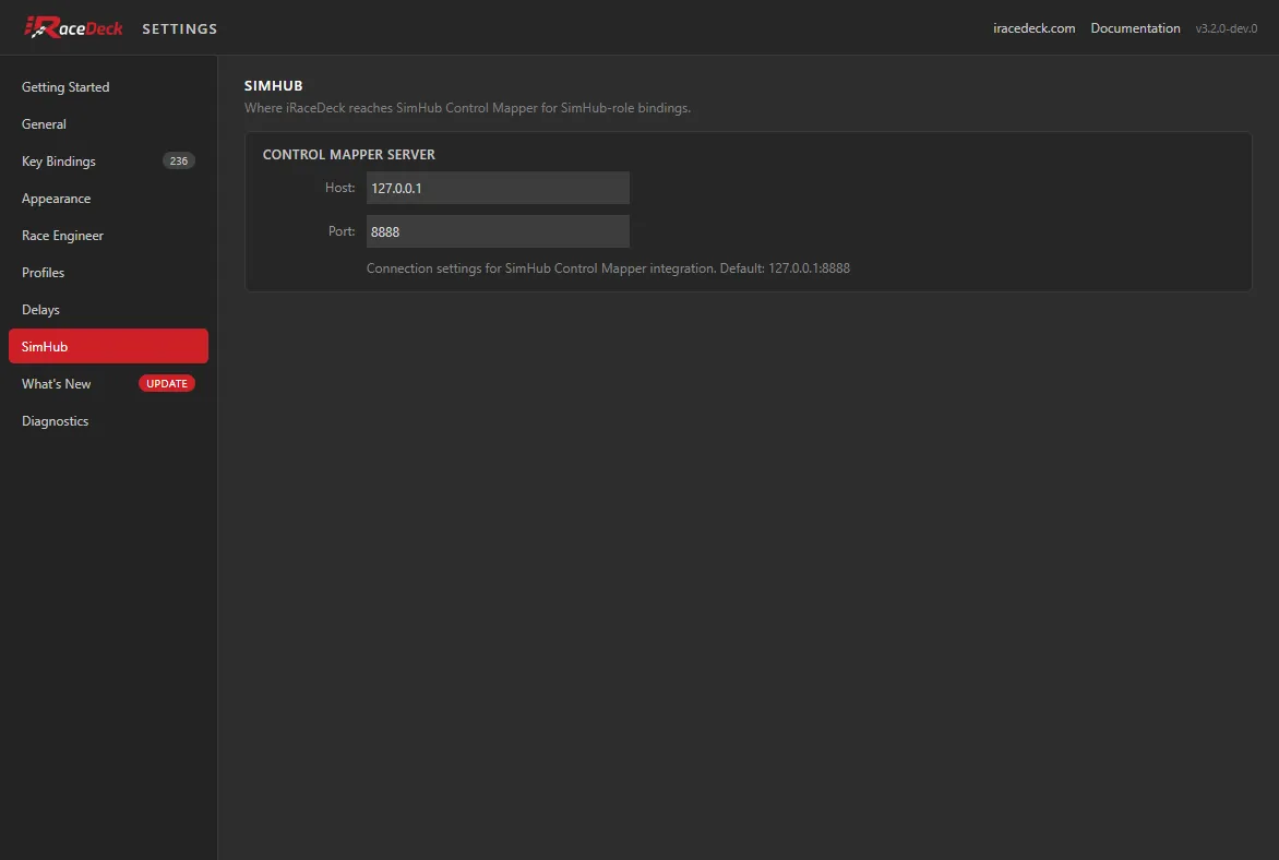 The SimHub tab, showing the Control Mapper host and port