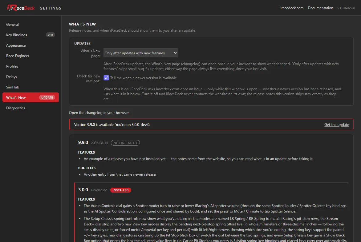 The What’s New tab, showing the update preference and the built-in release notes
