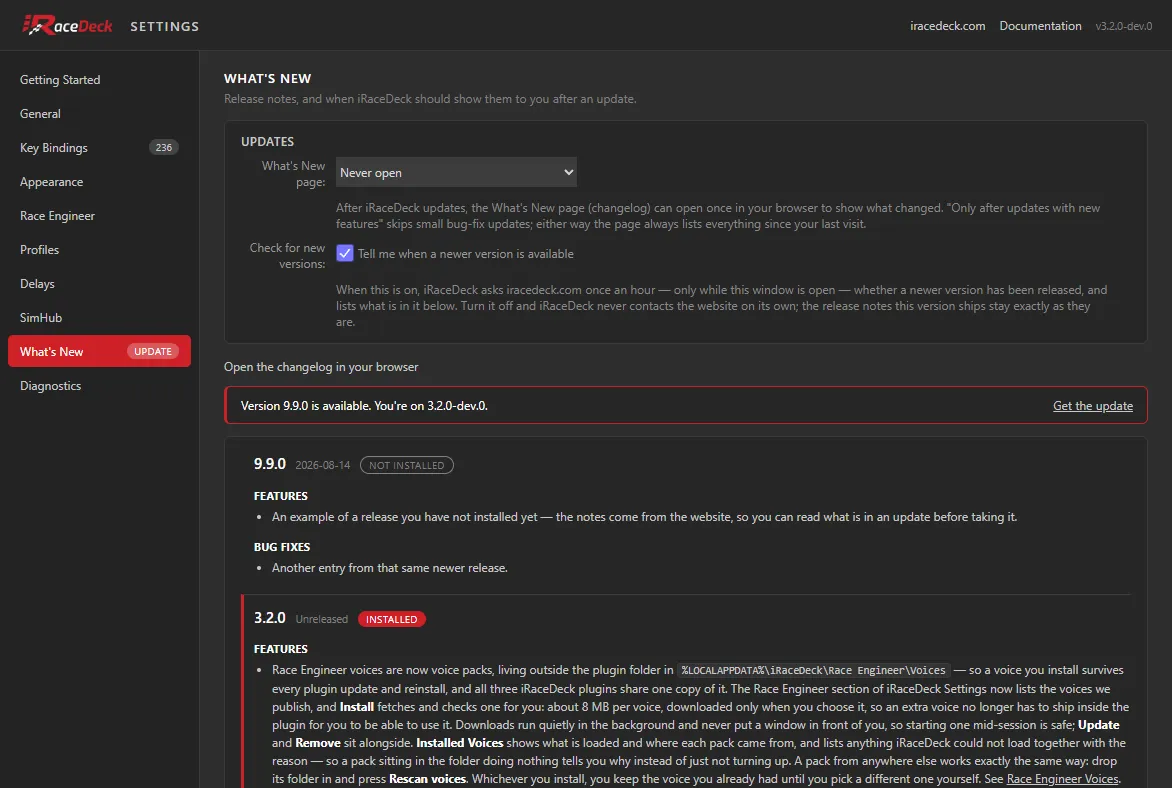 The What’s New tab, showing the update preference and the built-in release notes