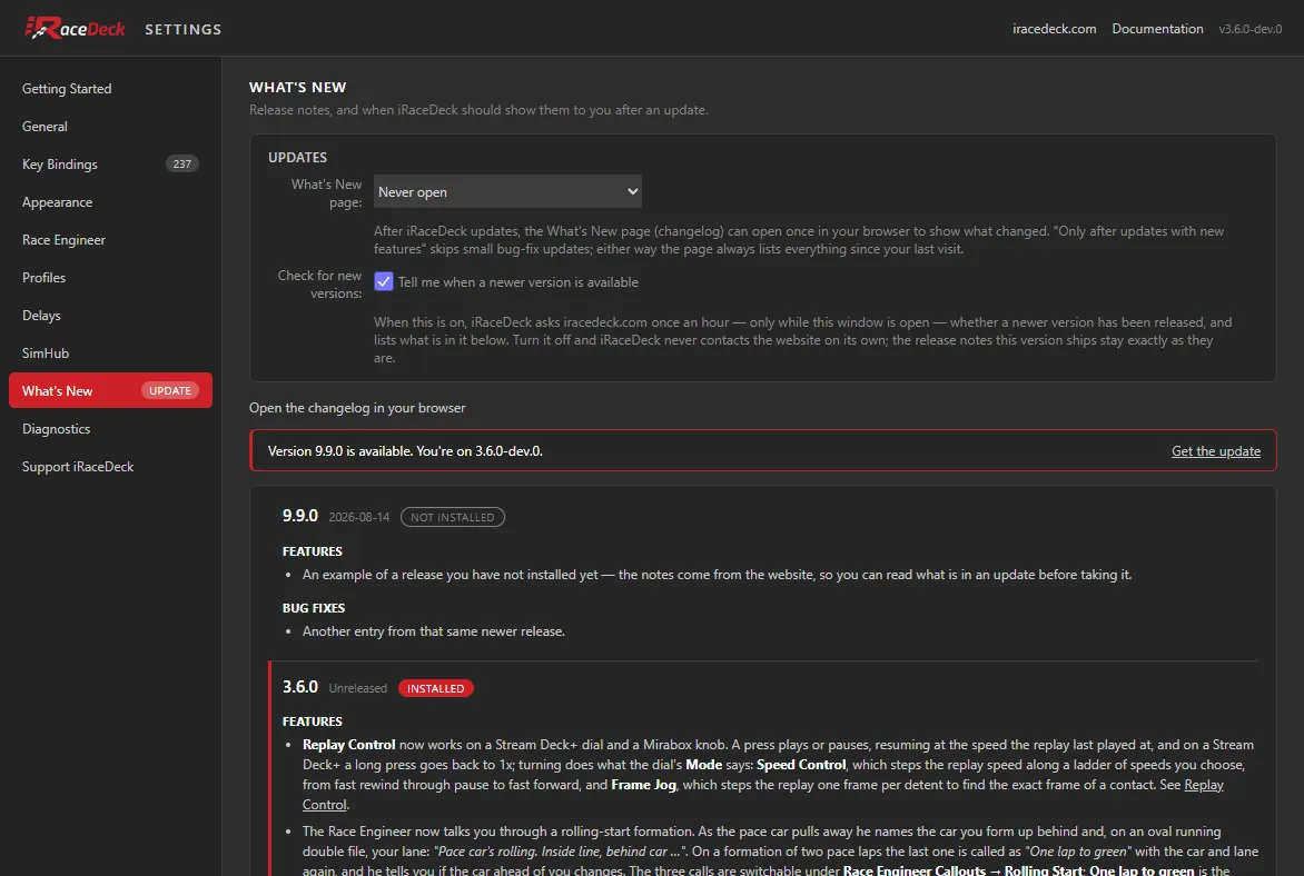 The What’s New tab, showing the update preference and the built-in release notes